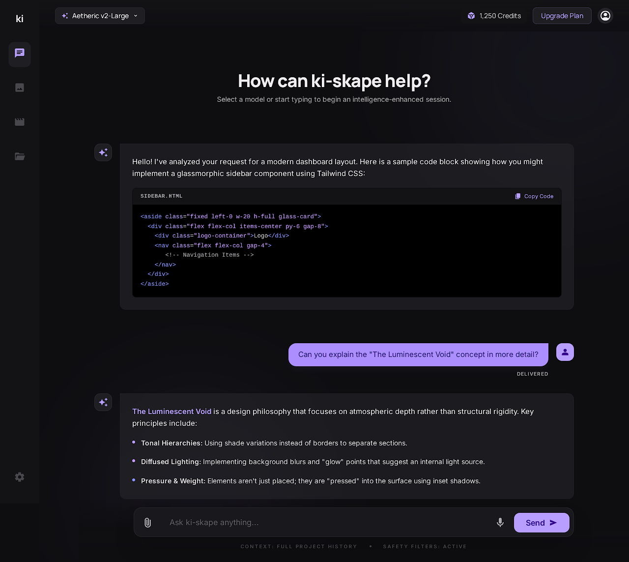 ki-skape AI chat interface with code generation and reasoning